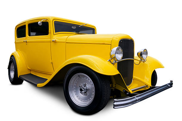 Yellow Hot Rod A 1932 Ford Sedan, Clipping Path on vehicle.  collectors car photos stock pictures, royalty-free photos & images