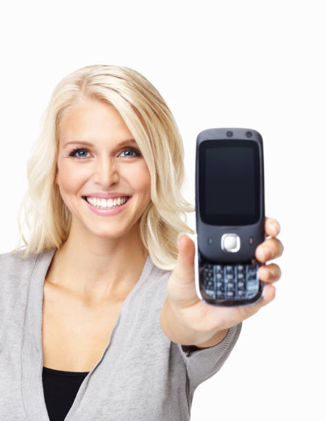 istock Smiling saleswoman displaying a cell phone 154933343