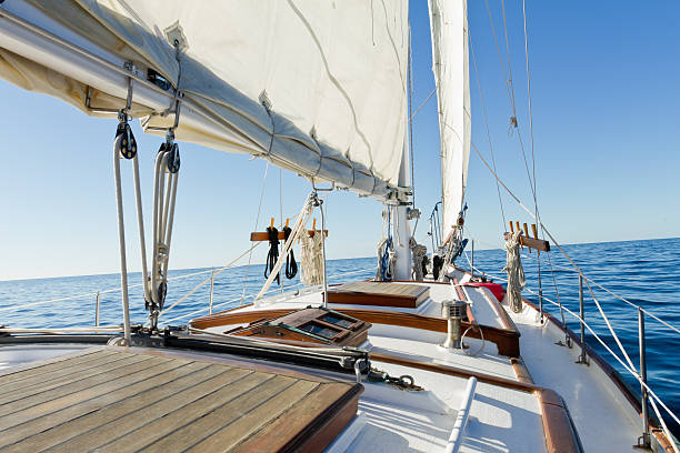 Deck of a private sailboat on the ocean on a bright sunny day.  Boat has a white sail deployed and a wooden deck.  Shot is from the back of the boat facing forward with a calm blue sea in the background.