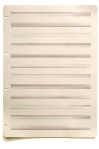 Blank musical note paper, whole sheet isolated on white.