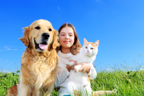 Young girl is holding a cat in her arms, a dog is next to her and they are relaxing.