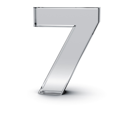 3D rendering of Number 7 made of transparent glass with Shades and Shadow isolated on white background.