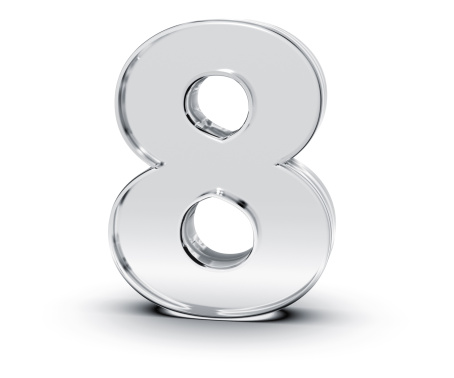 3D rendering of Number 8 made of transparent glass with Shades and Shadow isolated on white background.