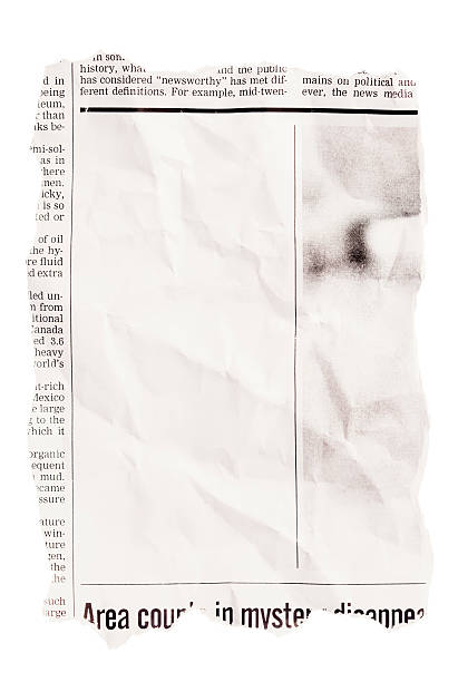 Crumpled torn out newspaper clipping with blank space Crumpled newspaper tear sheet with blank space for your message. Text is public domain from Wikipedia (adapted). typescript photos stock pictures, royalty-free photos & images
