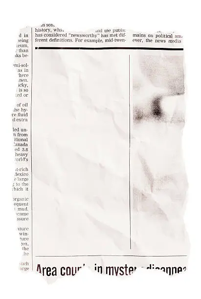 Crumpled newspaper tear sheet with blank space for your message. Text is public domain from Wikipedia (adapted).