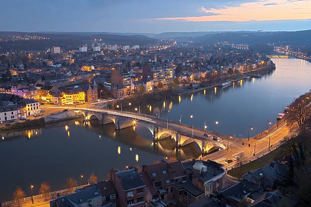 The stunning Namur from an aerial view at night time stock photo