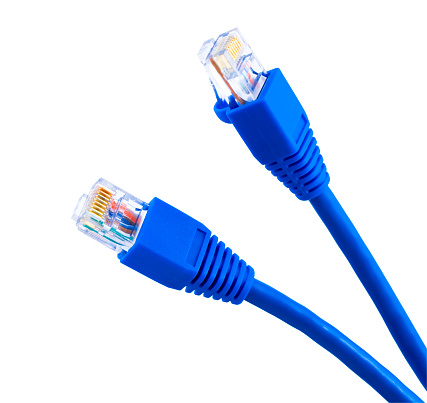 Two blue network cables with rj45 connectors. Isolated on white.
