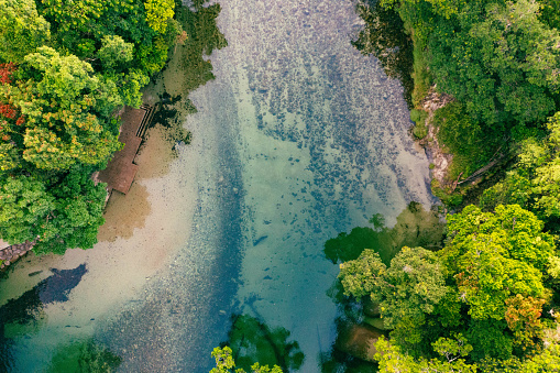 Aerial view of Babinda Boulders North Queensland, Australia,  beautiful rainforest creek running through boulders, blue and green rainforest creek, blue water  running through large boulders, dangerous rainforest creek and large boulders, rainforest creek with swimming platform, with drone point of view,