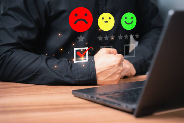 istock Customer with angry emotion face on virtual screen, Bad review, dislike service and quality, low rating, social media not good. Business service concept of customer experience dissatisfied. 1549386729