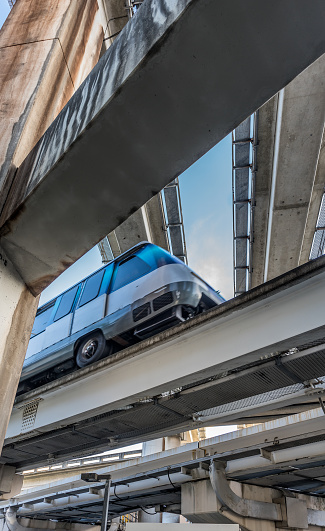 View of a complex system of flyovers, which combine railways, autonomous electric transport and conventional streets, which give access to the financial center of the city.