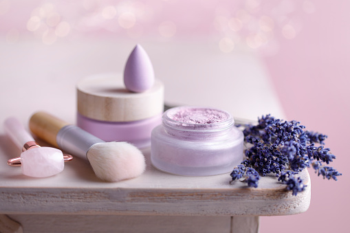 Purple cosmetic products and equipment with lavender