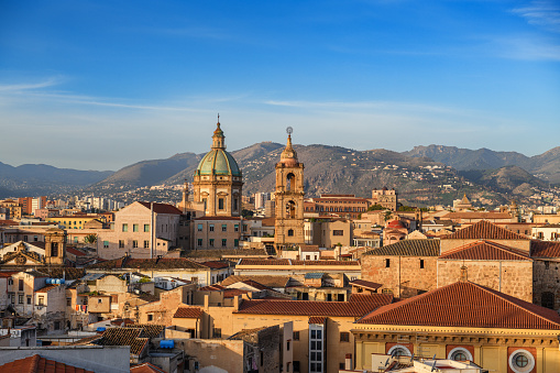 Palermo, Sicily town skyline with landmark towers in the morning.