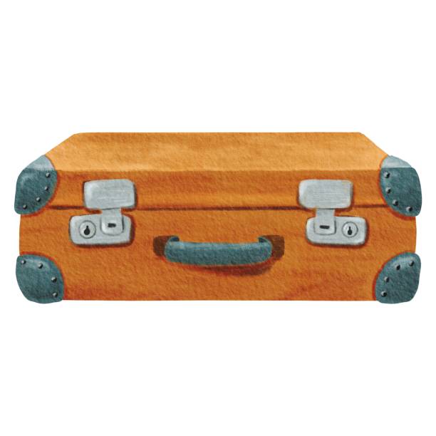 Stylish close brown retro suitcase with steel inserts, lock. Old vintage leather briefcase baggage. Travel stuff. Hand drawn retro bag. Tourist's luggage. Watercolor colored isolated illustration.