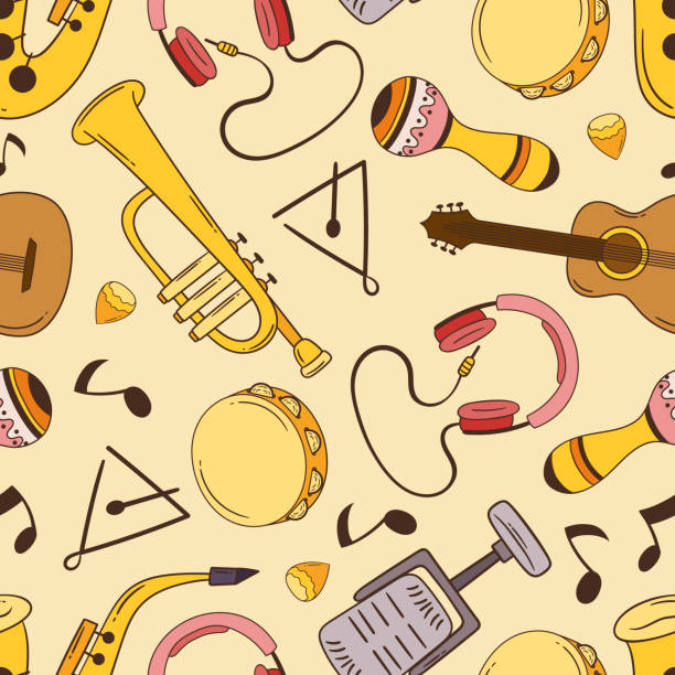 illustrations, cliparts, dessins animés et icônes de motif sans couture avec des instruments de musique et des objets griffonnés. fond de tuile répété avec trompette, triangle - seamless tile audio