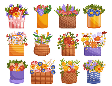 Set of Delightful Arrangement Of Fresh Flowers In A Charming Baskets, Perfect For Gifting Or Brightening Up Any Space With Its Vibrant Colors And Sweet Fragrance. Cartoon Vector Illustration
