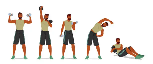 Vector illustration of Fit Man Performs Dumbbell Exercise, Incorporating Tilting Movements To Engage Multiple Muscle Groups Vector Illustration