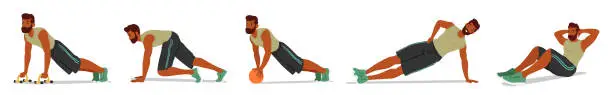 Vector illustration of Man Performs Floor Exercises To Improve Fitness. His Workout Routine Includes Movements Such As Push-ups, Sit-ups