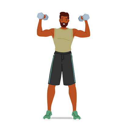 Fit Man Performing Dumbbell Exercises, Character Showcasing Strength And Dedication To Fitness. Building Muscle, Increasing Endurance, And Promoting Overall Health. Cartoon People Vector Illustration