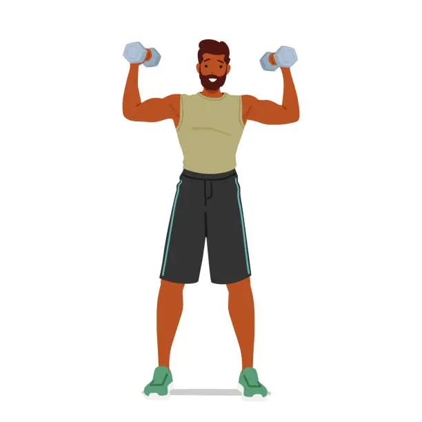 Vector illustration of Fit Man Performing Dumbbell Exercises, Character Showcasing Strength And Dedication To Fitness. Building Muscle