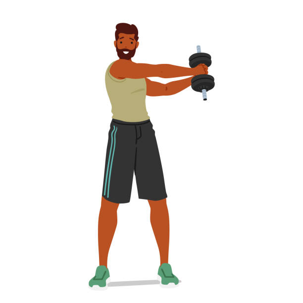 Fit Man Lifts Dumbbell, Working On Strength And Muscle Development. Male Character Focused On Exercise Routine Fit Man Lifts Dumbbell, Working On Strength And Muscle Development. Male Character Focused on Exercise Routine For Improving Overall Fitness And Sculpting The Body. Cartoon People Vector Illustration cartoon muscular man lifting heavy weights stock illustrations