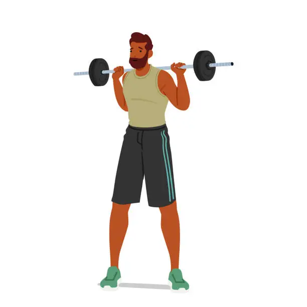 Vector illustration of Fit Man Performing Fitness Exercises with Barbell, Character Showcasing Strength, Building Muscle, Increasing Endurance