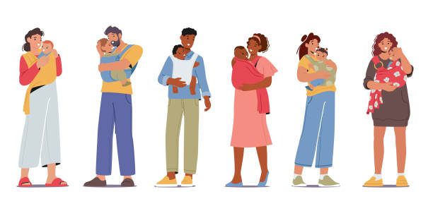 Parents With Baby In Sling, Hands-free And Comfortable Way To Carry Baby, Allowing For Bonding, Convenience Parents With Baby In Sling, Hands-free And Comfortable Way To Carry Baby, Allowing For Bonding, Convenience, And Ease Of Movement While Keeping The Child Close. . Cartoon People Vector Illustration new baby stock illustrations