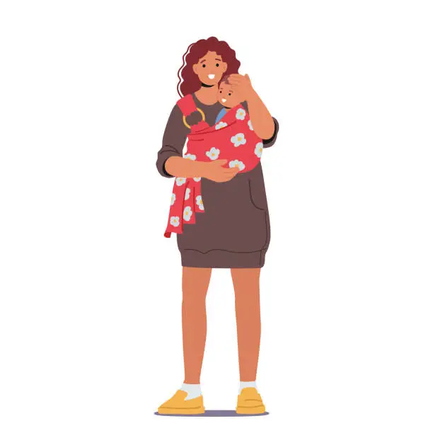 Vector illustration of Emotional And Tender Image Captures The Loving Bond Between A Mother Character And Her Baby As She Carries