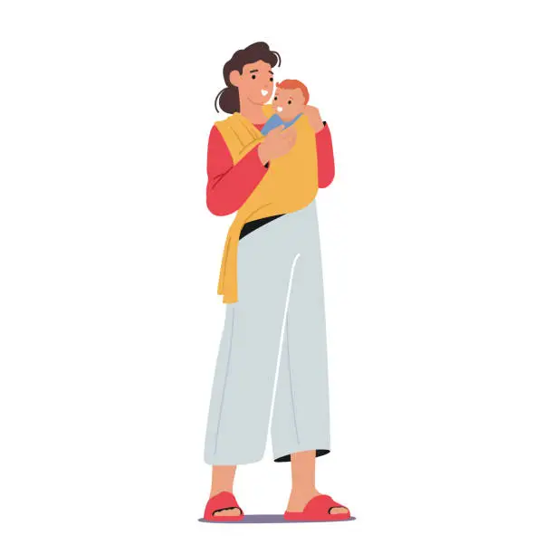 Vector illustration of Nurturing Connection, A Mother Character Carrying Her Baby In A Sling, Providing Comfort, Closeness, And Convenience