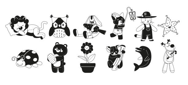 Set Plush Toys Black and White Icons. Lion, Owl, Rabbit And Fox. Cat, Star, Lady Bug And Bear With Heart. Flower In Pot Set Of Plush Toys Black and White Icons. Lion, Owl, Rabbit And Fox. Cat, Star, Lady Bug And Bear With Heart. Flower In Pot, Koala, Deer And Dolphin. Isolated On White. Cartoon Vector Illustration taxidermy cat stock illustrations
