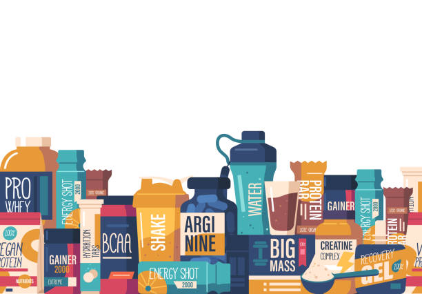 illustrations, cliparts, dessins animés et icônes de motif transparent avec des éléments de nutrition sportive, parfait pour les personnes actives et les amateurs de fitness, ajoutant de l’énergie - complément vitaminé