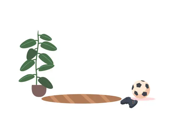 Vector illustration of Empty Room Interior Filled With Soccer Ball and Gamepad Toys For Kids To Play With, Accompanied By A Flower Pot