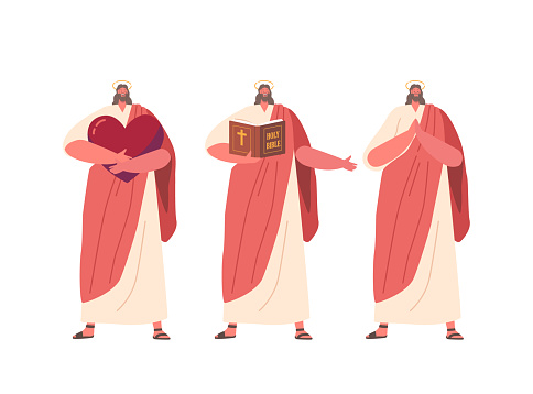 Jesus Character Depicted With Clapped Hands In Prayer, Holding Heart Or Bible, Symbolizes Love And Wisdom, Compassion And The Divine Guidance He Offers To Believers. Cartoon People Vector Illustration