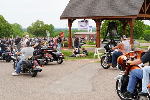 Neillsville, Wisconsin USA - May 29th, 2023: Hundreds of veteran group motorcyclists showed up at High Ground for the Memorial Day veteran honoring ceremony.