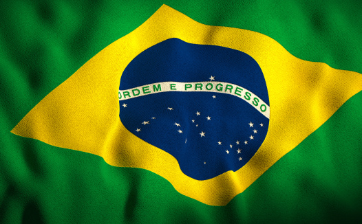 Flag of Brazil with highly detailed woven fabric pattern and dramatic lightning (Photorealistic render)