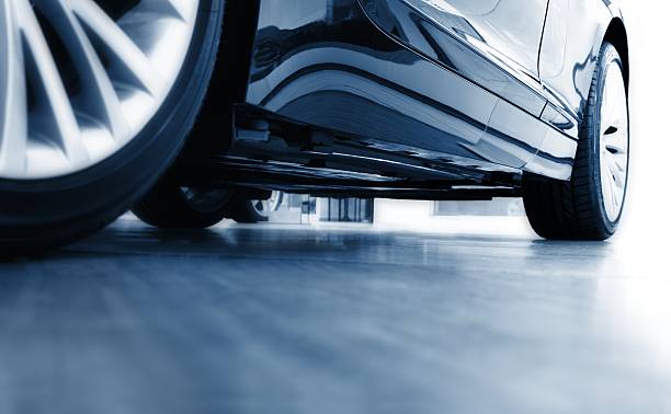 istock Sharp focus ground view of modern blue car 154945915