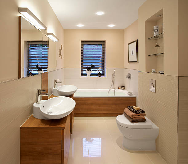 istock Well-lit luxurious bathroom with double vanity and tub 154945932