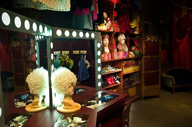 Theater Dressing room with make up mirrors and table, props and costumes.