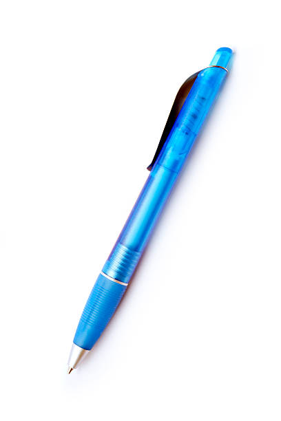 Blue business pen isolated Blue business pen on white. Close-up of a single blue modern plastic ballpoint pen, isolated against a white background. This high-quality recorder stands at an angle of about 45 degrees. The face is extended. ballpoint pen photos stock pictures, royalty-free photos & images