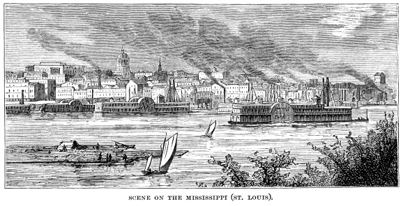 The Mississippi River at St Louis, in Missouri, USA, in the 19th century. The riverbanks are lined with paddle steamers. Illustration from 