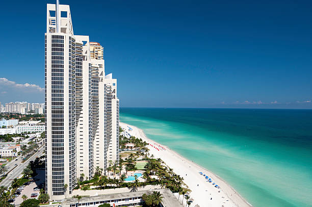 aerial view of the skyline in Miami, Florida aerial view of the skyline of Sunny Isles Beach, Miami, Florida highrise condominiums stock pictures, royalty-free photos & images