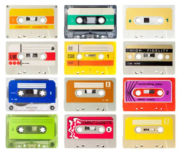 Collection of audio cassette from the eighties. isolated on white and with clipping path.