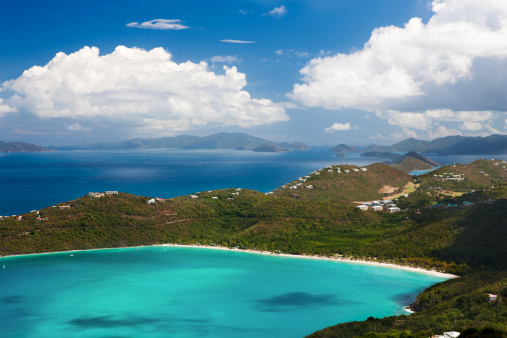 aerial view of Magens Bay in Saint Thomas, US Virgin Islands, with Saint John and Tortola on a horizon
