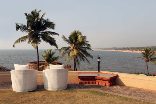 Wild beach with palm trees and stones on the seashore in Arambol, Goa, India