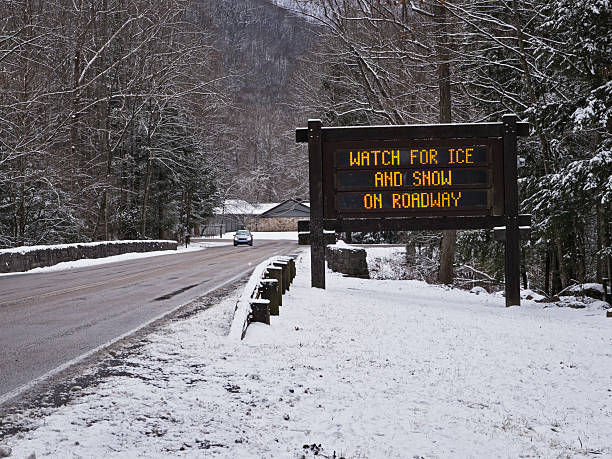 Warning of ice and snow on Smoky Mountains roads stock photo