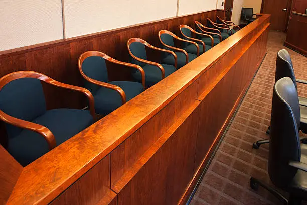 Juror's row in a court room.