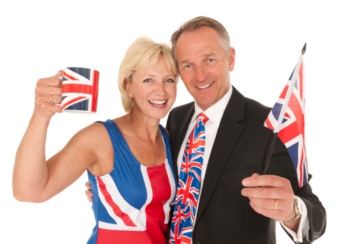 Happy Couple man and woman soccer fans with white jersey flag of England country on white background.