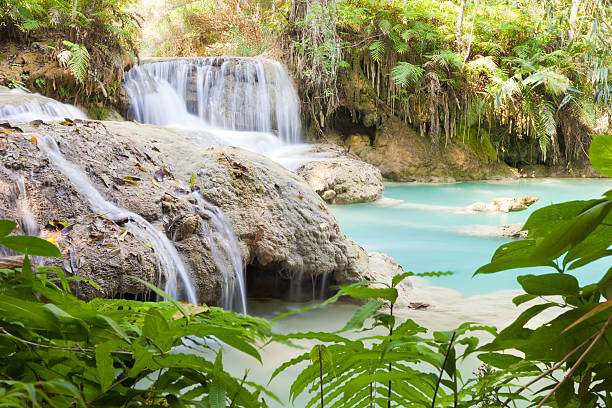 Famous Waterfalls With Bright Blue Water In Jungle Outside The City Of Luang Prabang, Laos