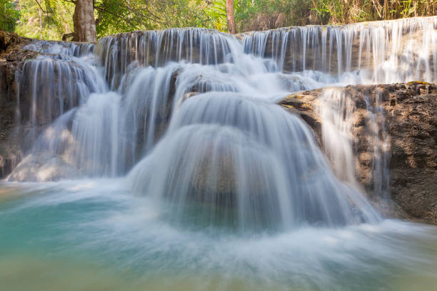 Famous Waterfalls With Bright Blue Water In Jungle Outside The City Of Luang Prabang, Laos
