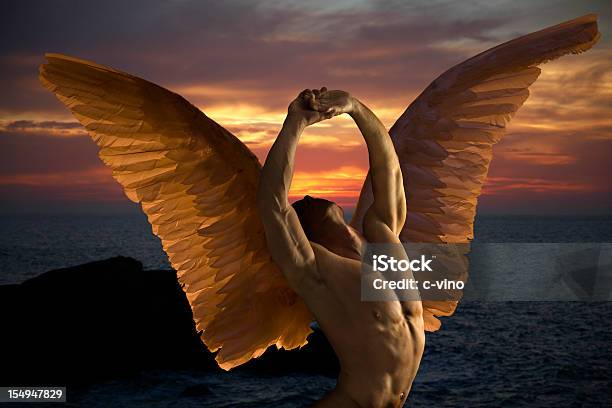 Dark Angel In Sunset Stock Photo - Download Image Now - Angel, Men, Animal Wing