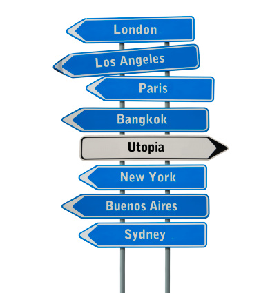 Classic  Signposts  showing the way to Utopia.  The typeface shows the appropriate texture.